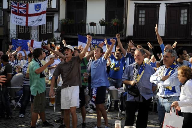 Pompey fans party in Praca de Santiago, Guimaraes. Picture: Steve Reid