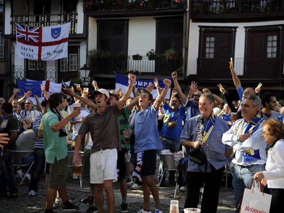 Pompey fans party in Praca de Santiago, Guimaraes. Picture: Steve Reid