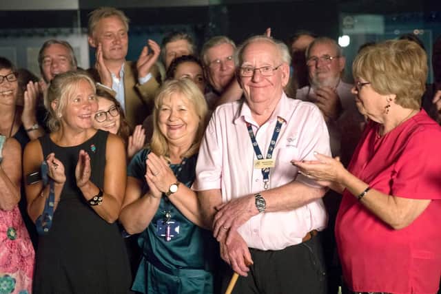 Maurice Young, a volunteer at The Mary Rose Museum honoured by The National Lottery on ITV primetime TV. Standing next to his wife Ann.