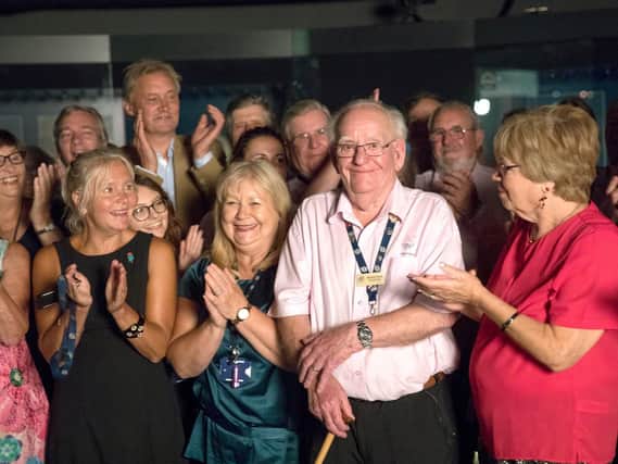 Maurice Young, a volunteer at The Mary Rose Museum honoured by The National Lottery on ITV primetime TV. Standing next to his wife Ann.