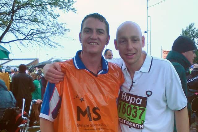 Sara Cranmer from Southsea in Portsmouth, was left widowed age 39 after her husband Paul died from pancreatic cancer last August. She is now running the SIMPLYHEALTH GREAT SOUTH RUN Iin his memory
Paul is on the left, taking part in 2008.