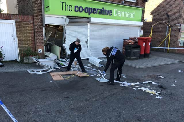 Forensics officers at Co-op in Hambledon Road in Denmead on October 3 2018 after a cash machine was ripped from the building. Picture: Tamara Siddiqui