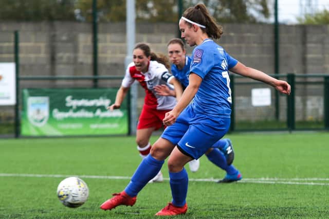 Carla Perkins scored three goals for Pompey Women at Poole. Picture: Jordan Hampton