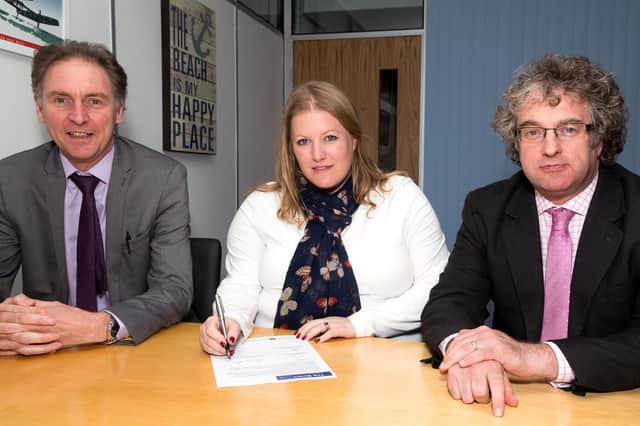 Former leaders signed the deal when in power in October 2016. Pictured: Councillor Simon Letts, leader of Southampton City Council , Councillor Donna Jones, leader of Portsmouth City Council and Councillor Jonathan Bacon, leader of Isle of Wight Council sign the letter for the devolution application.