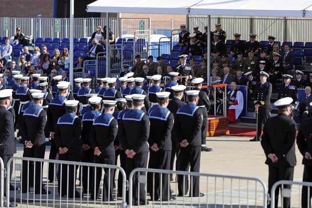 Commanding officer of HMS Kent, Andrew Brown, delivers his opening address at the rededication ceremony. Picture: Royal Navy