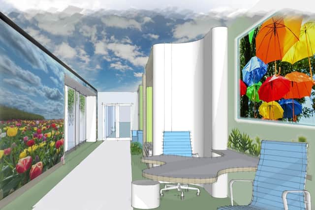 The patient entrance will have sky-like features so when being wheeled in on a bed, they can see the clouds above