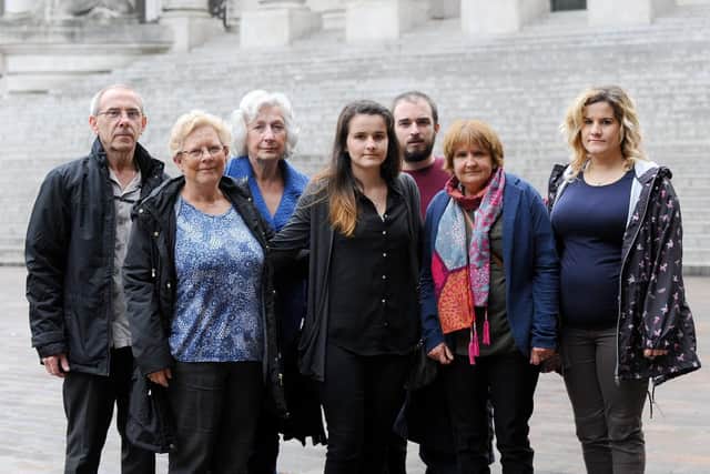 Andrew's family pictured after the inquest - from left: John and Julia Dulwich;  Andrew's twin sister, Maureen; Andrew's youngest daughter, Emily Dobbins-Dale; Will Mackay. partner of Andrew's daughter Vanessa; Andrew's partner, Karen Dobbins, and Andrew's eldest daughter, Vanessa Dobbins-Dale     Picture: Sarah Standing (180755-5834)