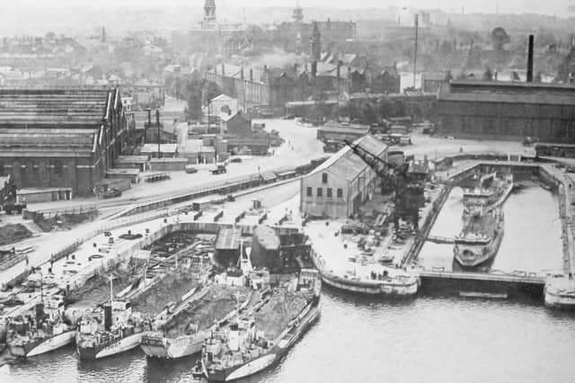 The south-eastern corner of Portsmouth Dockyard. Unicorn Gate can be seen in the centre.