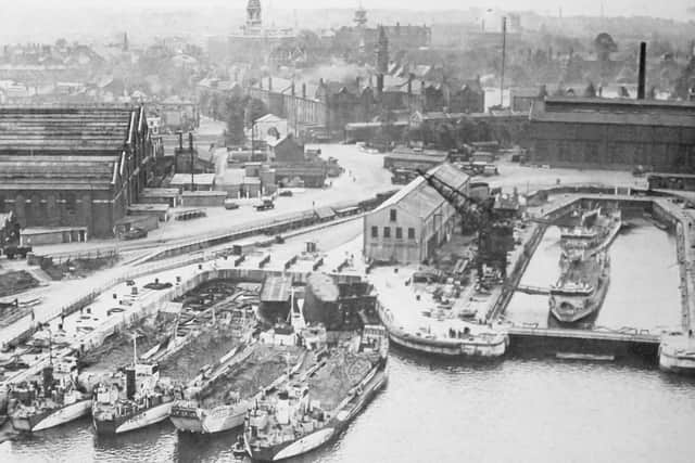The south-eastern corner of Portsmouth Dockyard. Unicorn Gate can be seen in the centre.