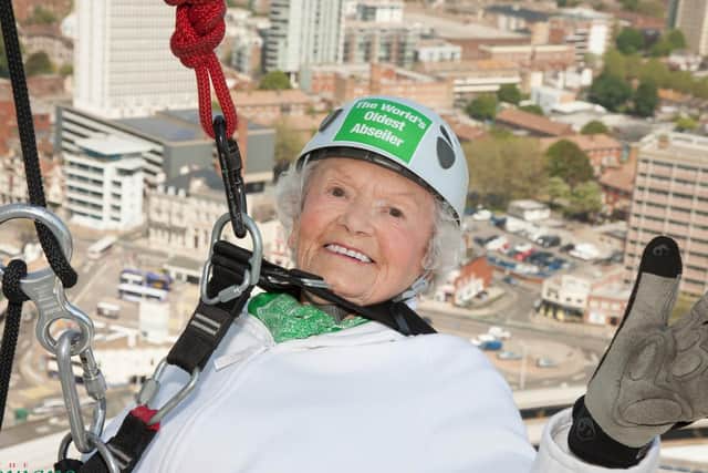 'Daring' Doris Long MBE, who holds the Guinness World Record for the oldest person to abseil after completing the challenge at the Spinnaker Tower in 2015 at the age of 101
