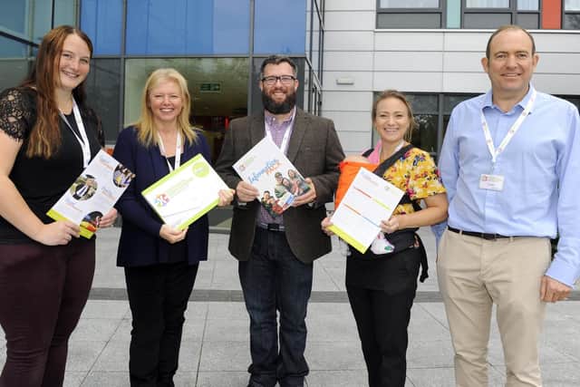 Portsmouth Down Syndrome Association launched their new Parent Pack at QA Hospital. (left to right) Alice Osborne, Rachael Ross, Scott Morgan, Rebecca Fyans and Ken Ross. Picture: Malcolm Wells