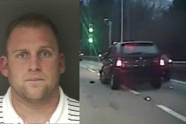 Andrew Brent and the crashed BMW after the 115 mph chase on the M27