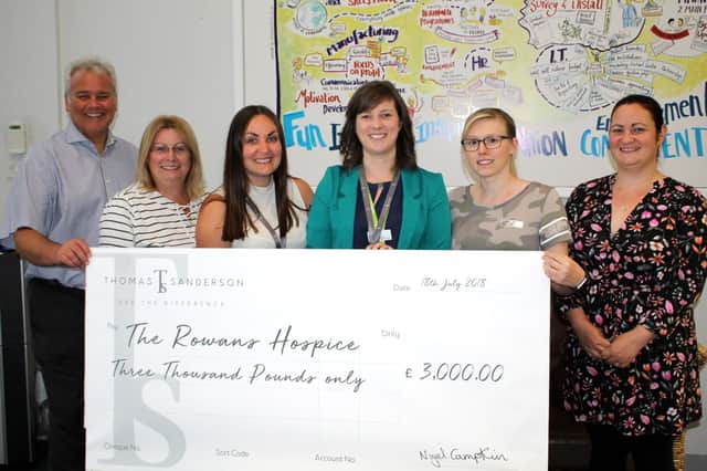 Thomas Sanderson has donated 3,000 to the Rowans Hospice. Members of the firm's charity committee handed the cheque over to Gemma Carden and Verity James from the Rowans
