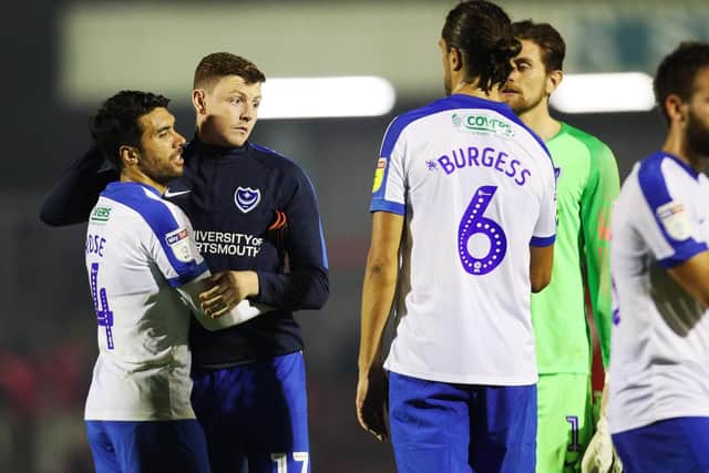 Pompey players celebrate Checkatrade Trophy progress after victory at Crawley. Picture: Joe Pepler
