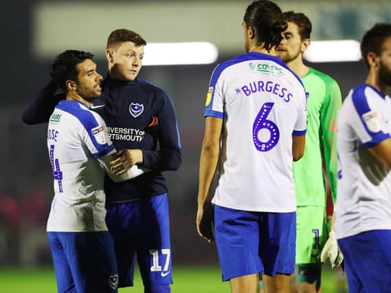 Pompey players celebrate Checkatrade Trophy progress after victory at Crawley. Picture: Joe Pepler