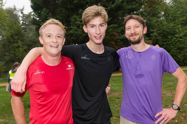 Matthew Duckett, Tom Hoskinson and Lindsay Russell at Havant parkrun on Saturday. Picture: Duncan Shepherd
