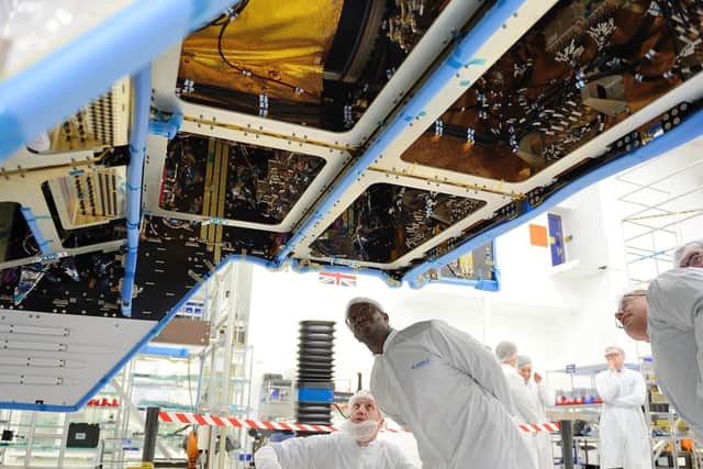 Science Minister Sam Gyimah inspects some of the work carried out by scientists and engineers at Airbus in Hilsea