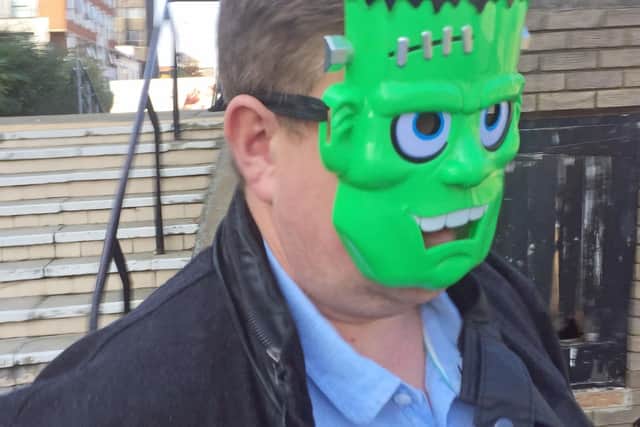 Aaron Jones wore a Frankenstein mask outside court. Picture: PA