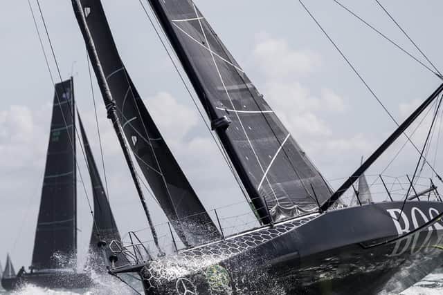 The HugoBoss IMOCA Open 60 race yacht skippered by Alex Thomson during the start of the 2017 Rolex Fastnet Race  Picture: Lloyd Images
