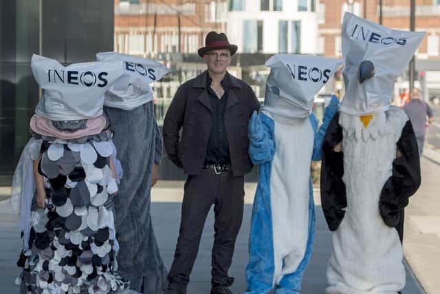 Vivienne Westwood's son Joe Corre leads environmental protesters delivering an open letter to the headquarters of World Sailing, calling on the organisation to ban INEOS from the Americas Cup due to the company's involvement in fracking. Ineos sponsors Ben Ainslie Racing's entry into the competition. Picture: David Mirzoeff/PA Wire