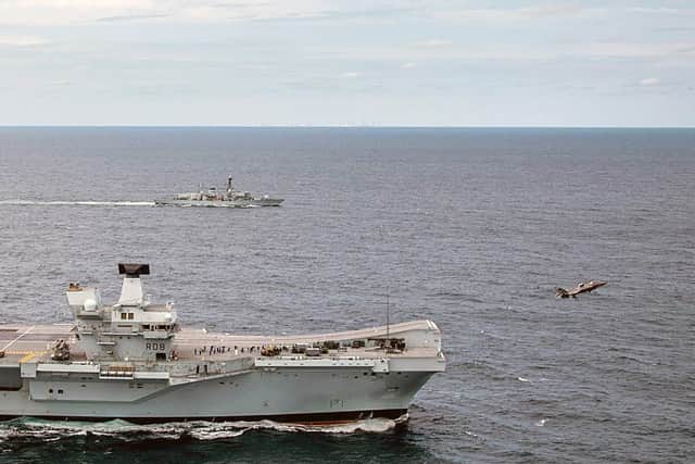 A F35B Lightening II launches from HMS Queen Elizabeth during the fixed wing trials package off the East coast of America. Picture: Royal Navy