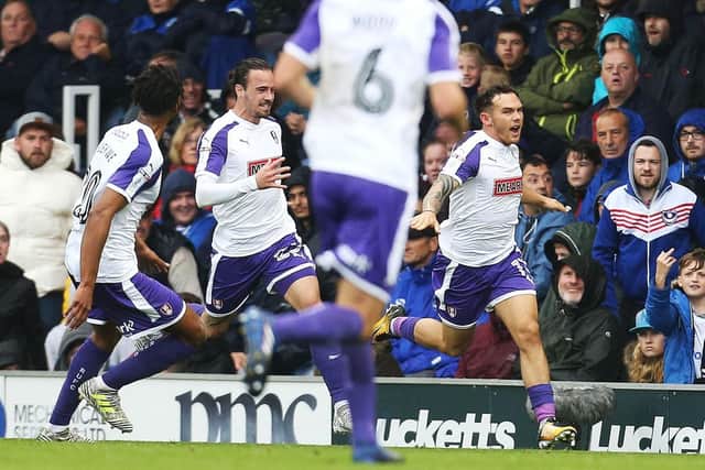 Jon Taylor celebrates his winner at Fratton Park last season for Rotherham. Picture: Joe Pepler
