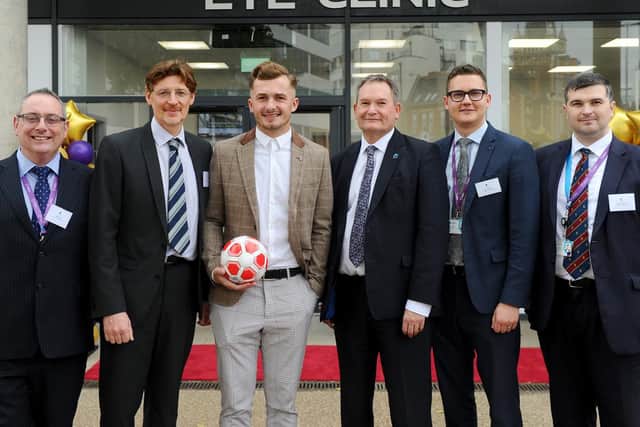 Left to right, Dr Mick Harper, Chris Markham, head of school health services and social work, Brandon Coleman, blind footballer, Graham Galbraith, vice chancellor of the University of Portsmouth, Daniel Stride, clinic manager and Malcolm McIver, course leader.