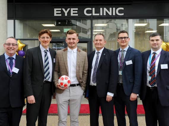 Left to right, Dr Mick Harper, Chris Markham, head of school health services and social work, Brandon Coleman, blind footballer, Graham Galbraith, vice chancellor of the University of Portsmouth, Daniel Stride, clinic manager and Malcolm McIver, course leader.