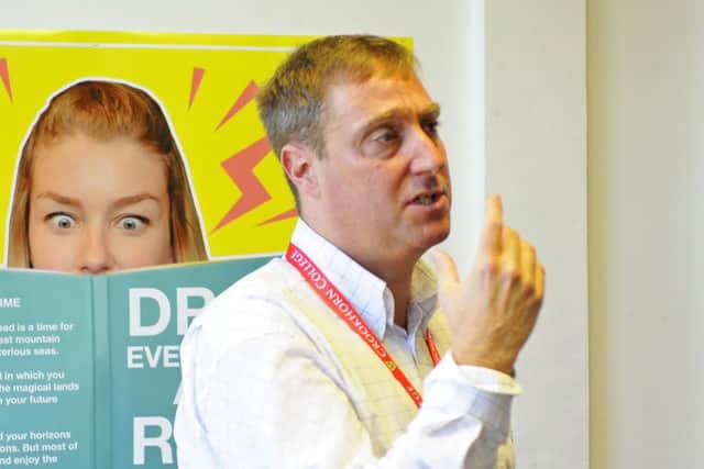 The News' education reporter Neil Fatkin - a former teacher - speaks to a group of pupils at Crookhorn College. Picture by Malcolm Wells