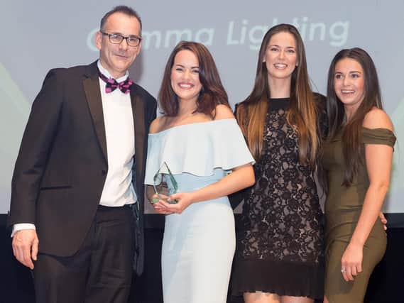 The News Business Excellence Awards 2018. Team of the Year,Gemma Lighting with Mike Gaston, Principle and Chief Executive at South Downs College.