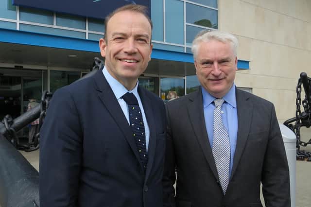 Brexit minister Chris Heaton-Harris with Portsmouth City Council leader Gerald Vernon-Jackson outside Portsmouth International Port on October 12 after the pair discussed Britain's exit from the European Union. Picture: Ben Fishwick