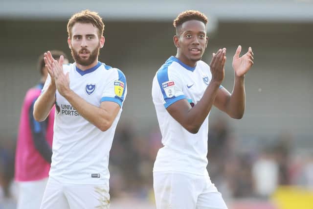 Pompey's Ben Close and Jamal Lowe after their game at Wimbledon