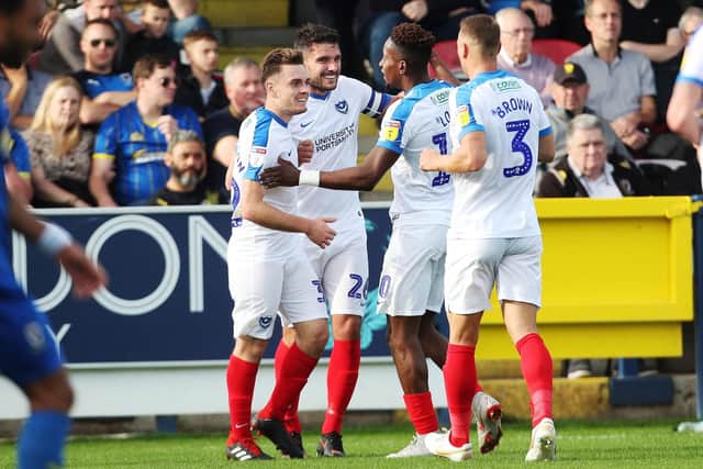 Gareth Evans celebrates his goal at AFC Wimbledon. Picture: Joe Pepler