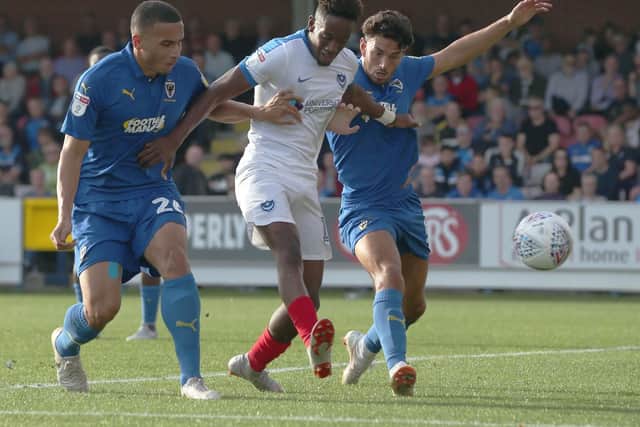 Pompey's Jamal Lowe in action during the win at AFC Wimbledon. Picture: Joe Pepler