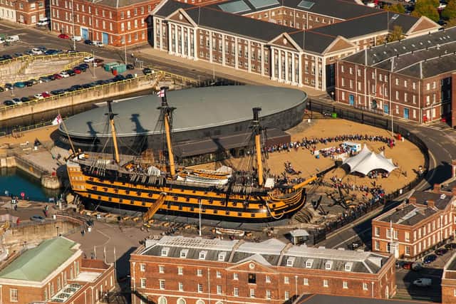 An aerial shot of HMS Victory & The Mary Rose Museum at Portsmouth Historic Dockyard.