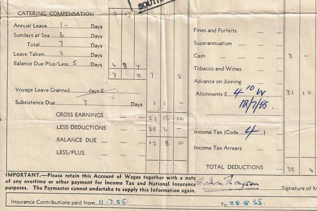 Alans Smiths father's payslip when he was serving on the liner Queen Elizabeth in 1955.