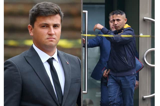 Left, Lance Corporal David Plumstead leaves Maidstone Crown Court in Kent where he is charged with conspiracy to assist unlawful immigration from Calais into the UK between March and May 2016. 
Right, car wash owner Zindan Ahmed, 36, of Brompton Street, Middlesbrough, who is accused of financing the transportation of several migrants including his brother.
Picture: Gareth Fuller/PA Wire