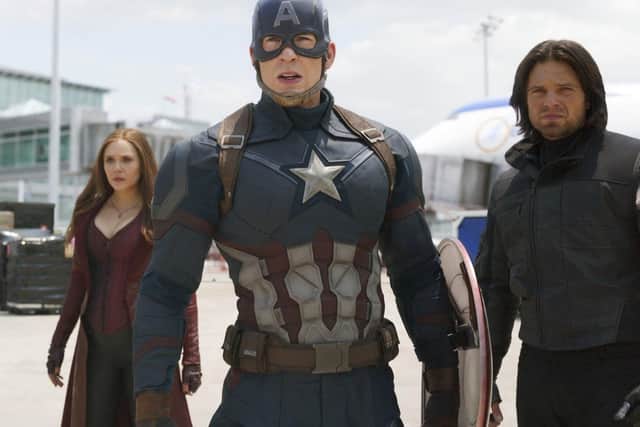 Captain America actor Chris Evans (centre) has called Piers Morgan 'terrified on the inside'. Picture: Disney/ Marvel via AP