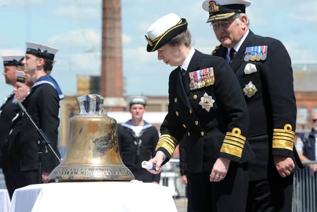 HRH Princess Royal Princess Anne, Patron of The National Museum of the Royal Navy (NMRN) visited the NMRNs headquarters at Portsmouth Historic Dockyard in May 2016 for the unveiling of the HMS Hood bell. Picture: Sarah Standing