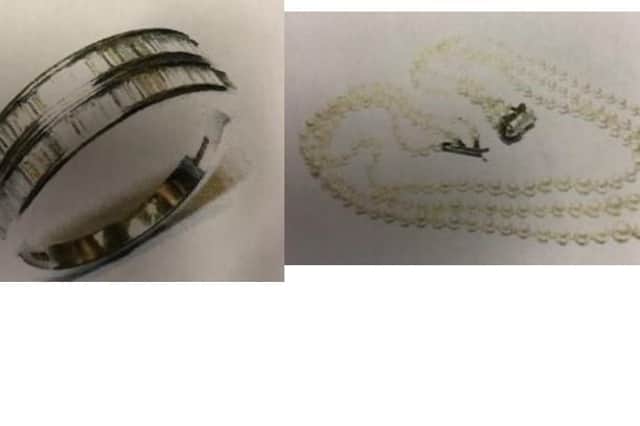 Jewellery, including this diamond ring and pearl necklace, were stolen from Warblington Road in Emsworth on Tuesday.