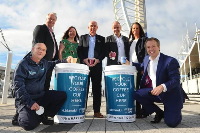 Back, left to right, Neil Whitall from Huhtamaki, Clare Moulson, marketing executive at Huhtamaki, Sean Sweeney, centre operations manager at Gunwharf Quays, Ollie Rosevear, Costa Coffee head of environment and Lorrae Rowan, environmental manager at Gunwharf Quays with, front, left to right,  Mark Hillier, assistant environmental manager at Gunwharf Quays and Peter Goodwin from Simply Cups