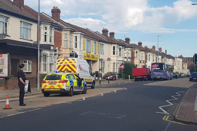 Police manage traffic in New Road/ Copnor Road