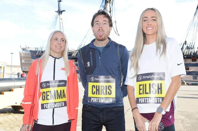 Eilish McColgan, right, is joined by Chris Thompson and Gemma Steel ahead of the Simplyhealth Great South Run. Picture: Habibur Rahman