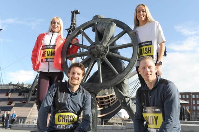 Gemma Steel, back left, is joined by Eilish McColgan, Andy Vernon and Chris Thompson ahead of the Simplyhealth Great South Run. Picture: Habibur Rahman