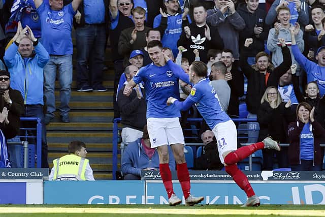 Oli Hawkins celebrates goal with Ronan Curtis. Picture: Barry Zee/zeeimages