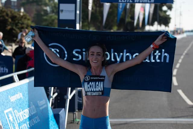 Eilish McColgan celebrates winning the Great South Run women's title. Picture: Vernon Nash