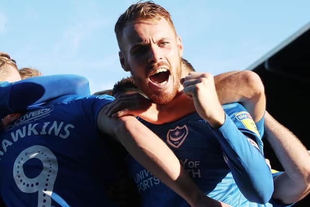 Tom Naylor celebrates Oli Hawkins' goal against Fleetwood. Picture: Joe Pepler