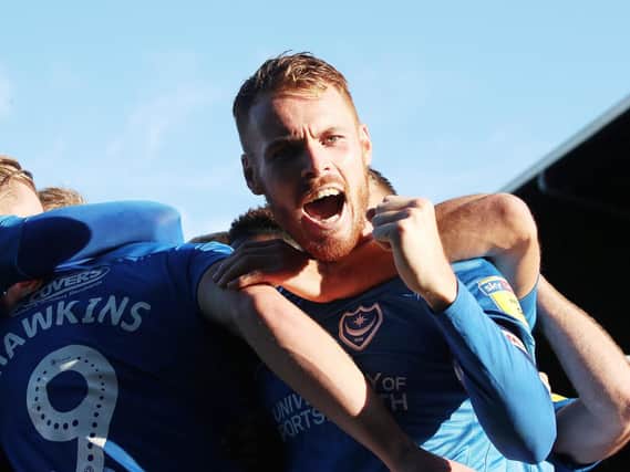 Tom Naylor celebrates Oli Hawkins' goal against Fleetwood. Picture: Joe Pepler