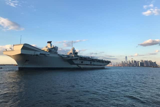 HMS Queen Elizabeth at anchor two miles from Manhattan during its visit to New York City. Picture: Georgina Stubbs/PA Wire