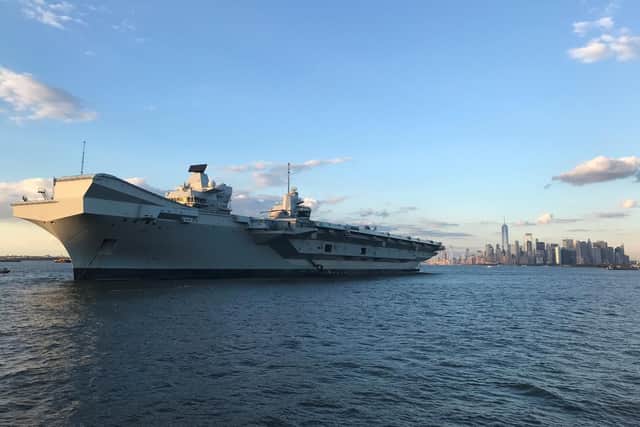 HMS Queen Elizabeth at anchor two miles from Manhattan during its visit to New York City. Picture: Georgina Stubbs/PA Wire